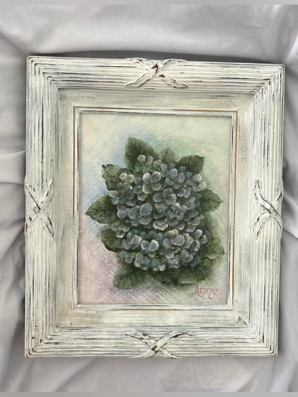 Vintage original painting hydrangea wooden white frame home decor wall art